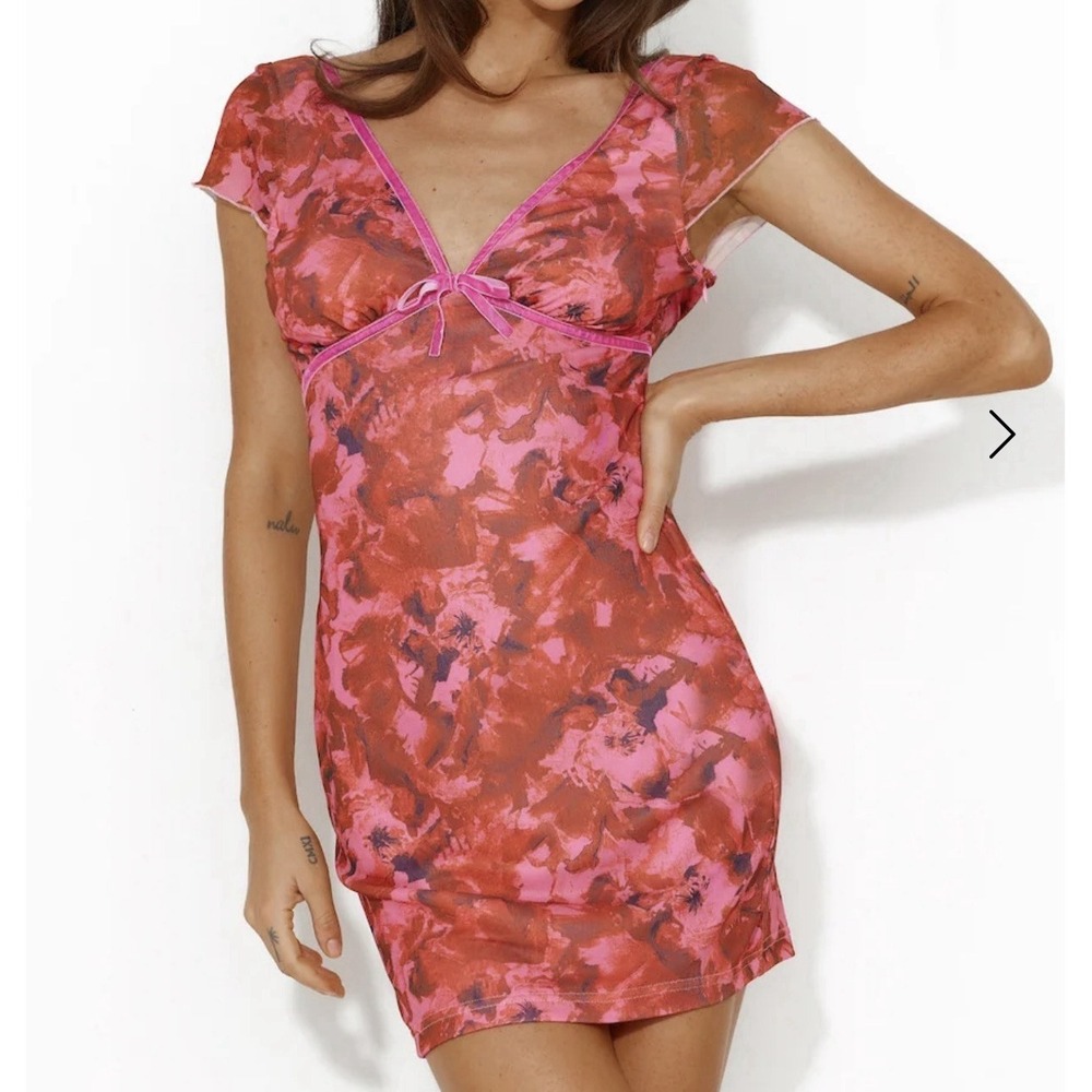 Hello Molly Sz M Passionate Girl Mini Dress Rose Flower V Neck Velvet Trim Red